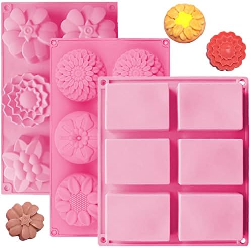 OBSGUMU 3 Pack Silicone Soap Molds, 6 Cavities Flower Making Mold, Included Rectangle Shape Supplies, Perfect for Handmade Soaps, Homemade Chocolate