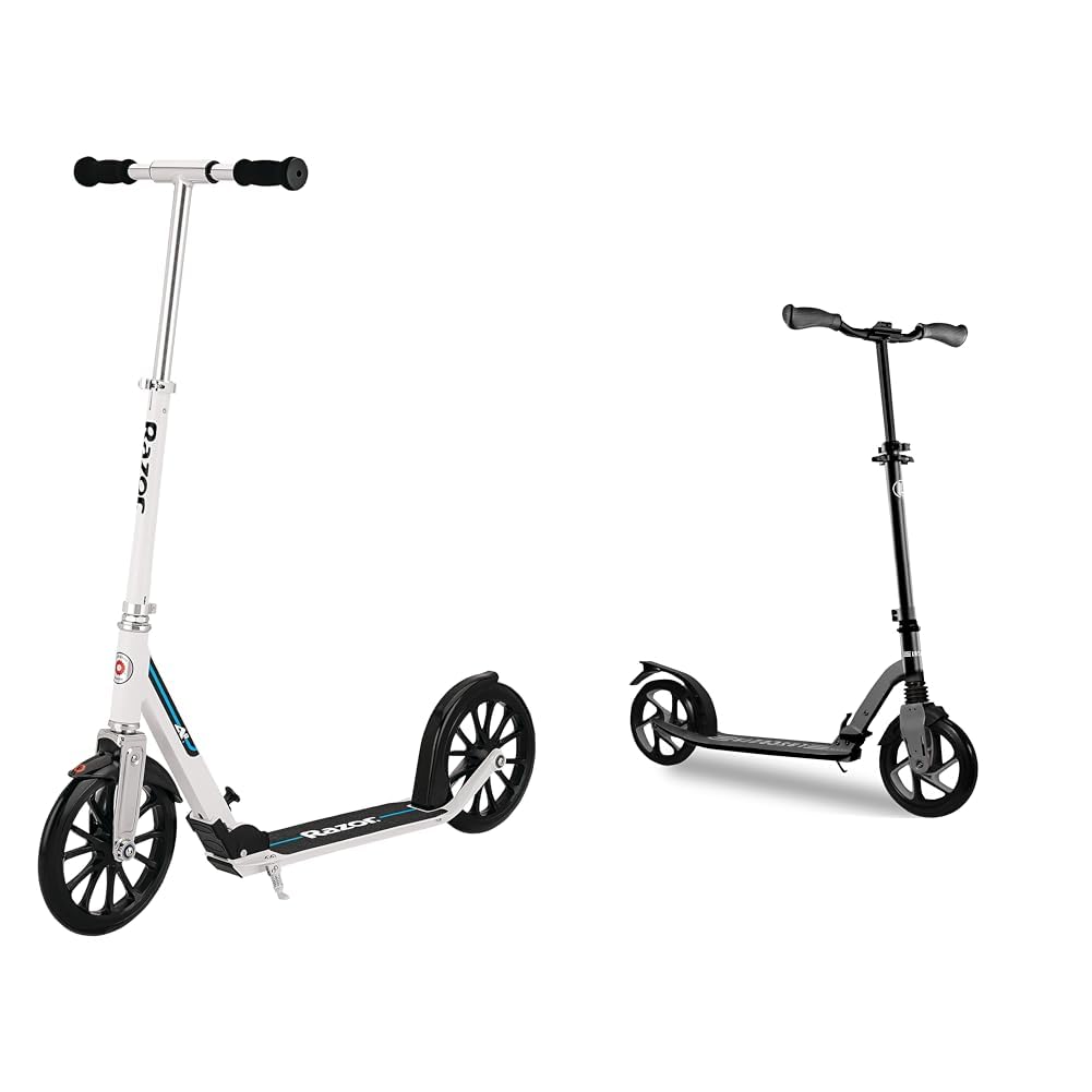 RazorA6 Kick Scooter White FFP and LaScoota Kick Scooter Dark for Youth 12 Years Up Foldable Wheels