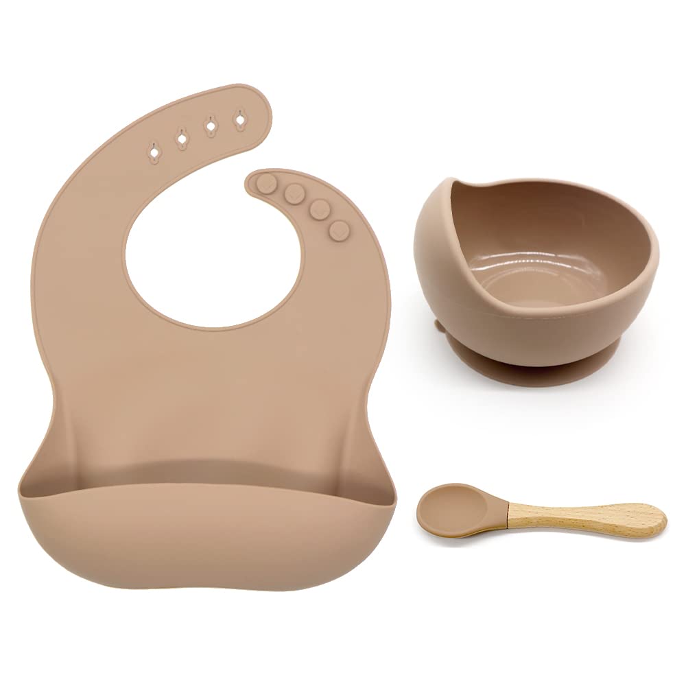 babees - Baby Feeding Set Food Grade BPA Free Silicone Baby Bib, Suction Bowl, Spoon, Baby Self-Feeding Set | Khaki