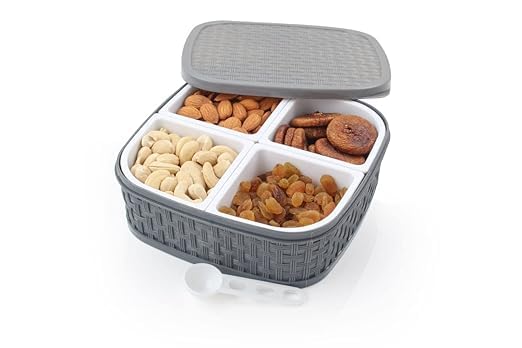 E-COSMOS Plastic Square 4 Sections Multipurpose Dry Fruit Dabba Box Set, Dry Fruit Box Set - Grey (Dry fruit Box - 4 in 1)