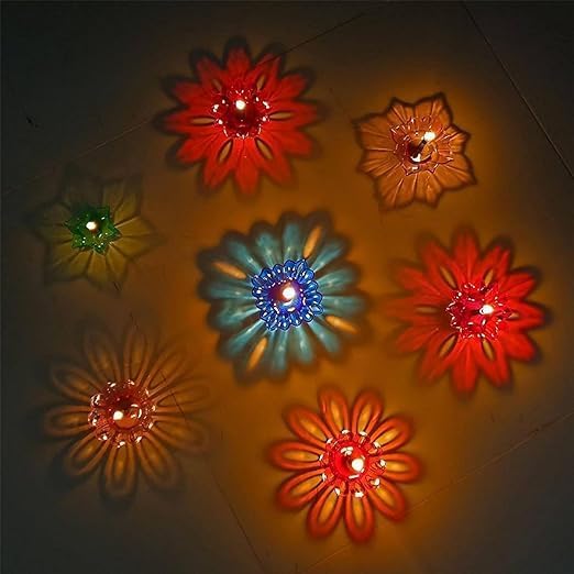 MDMINFY 12 Diya Designer Transparent 3D Floating Reflection Special Reusable Flower Diya Deepak Colourful Sai Sairam Decorative Diwali Deepak Oil Diye for Decoration