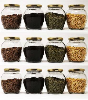 AASHI ENTERPRISES Matki Glass Jar with Air Tight Gold Metal Cap, 400 ml, Set of 12