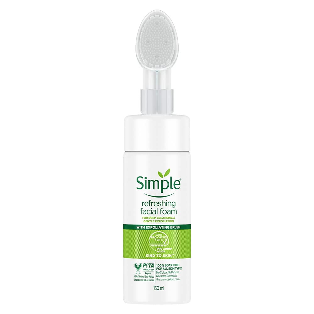 Simple Kind to Skin Refreshing Facial Foam with Brush| For all Skin Types| No Soap| No Perfume| No Harsh Chemicals & Parabens| Tested on Sensitive Skin, 150 ml