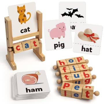 Coogam Wooden Reading Blocks Short Vowel Rods Spelling Games, Flash Cards Turning Rotating Letter Puzzle for Kids, Site Words Montessori Spinning Alphabet Learning Toy for Preschool Boys Girls