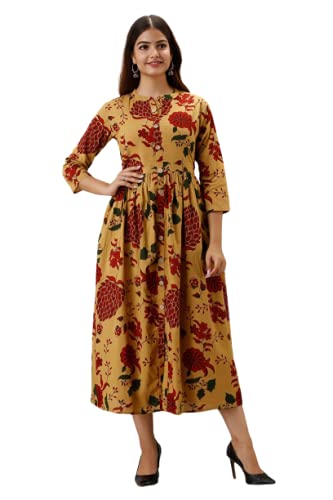 Aarohi FashionWomen's A-Line Printed Rayon 3/4 Sleeve Stitched Kurti (Yellow & Red)