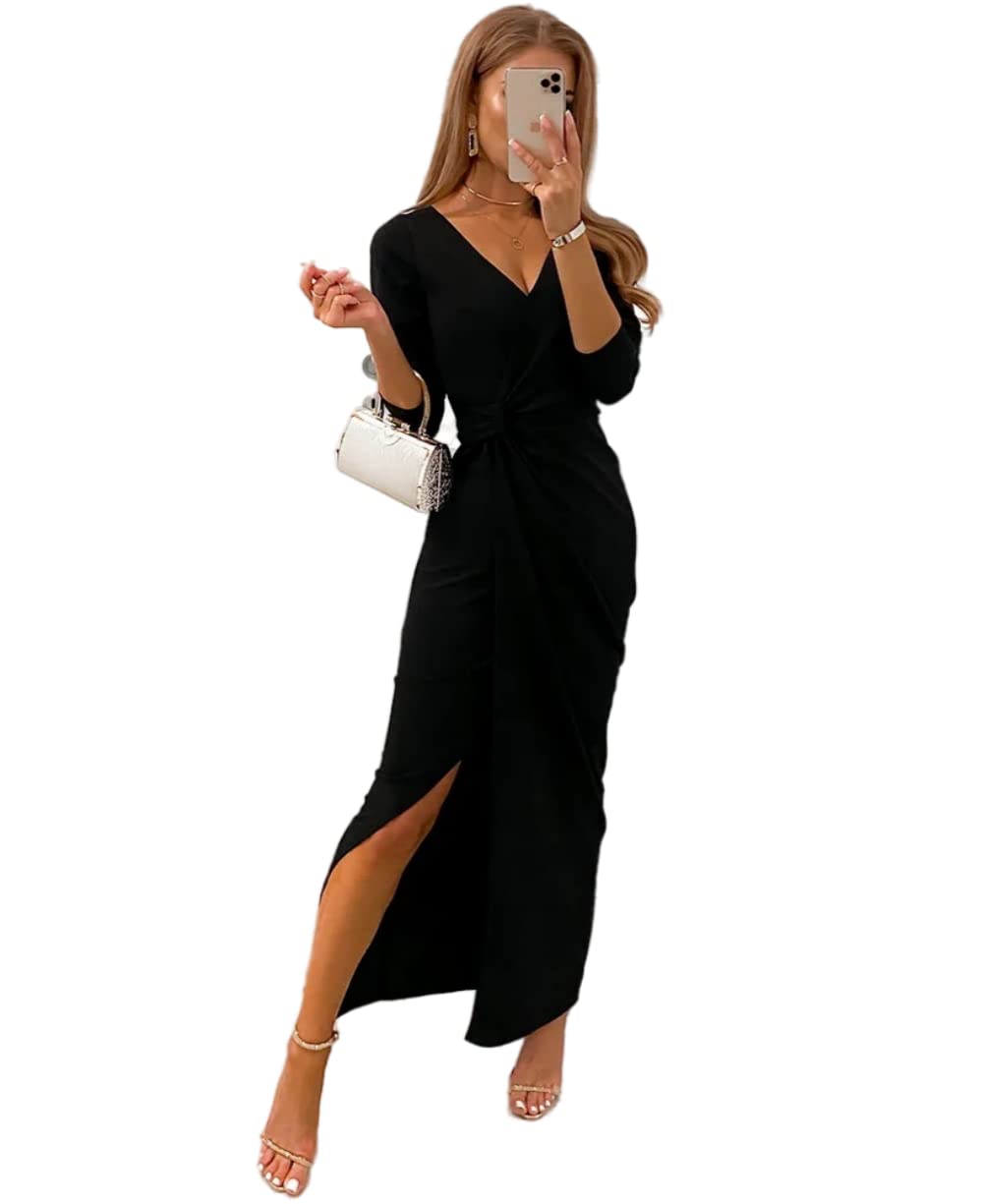 Women's Elegant V Neck Dress Long Sleeve Front Split Midi Dress Solid Color Evening Dress