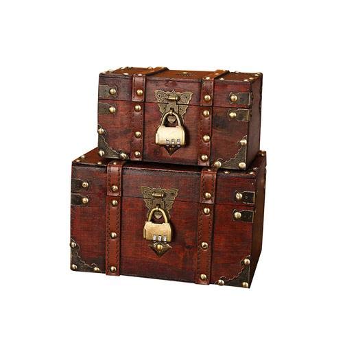 mementoy Pirate Treasure Chest Vintage Wooden Box With Lockable Lid And Password Lock (set of 2)