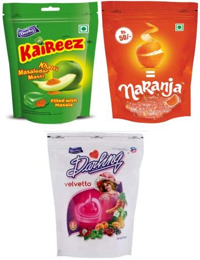 Derby Orange, Kachha Aam & Mix Fruit Pack Of 6-Kaireez, Naranja, Darling Velvetto (675 G) / Sweet Treat To Your Friends And Family/ 3 Flavours/Each 2Packets / Each 50Pieces / 900Gms