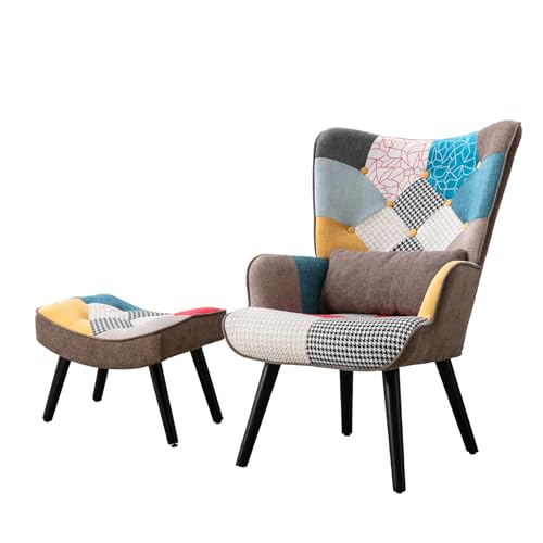 HomeMiYN Tub Chair with Footstool Patchwork Armchair Wing Chair Wooden Armchair Living Room Modern TV Chair Linen Solid Wood Feet Lounge Chairs