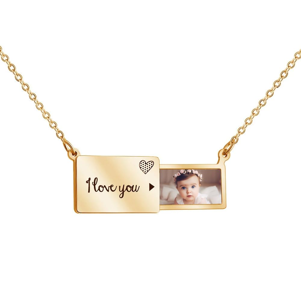 GetagiftPersonalised Envelope Custom Photo Pendant Necklace with 'I Love You' Engraving, Stainless Steel Chain, Photo Locket Necklace, Gifts for Women.