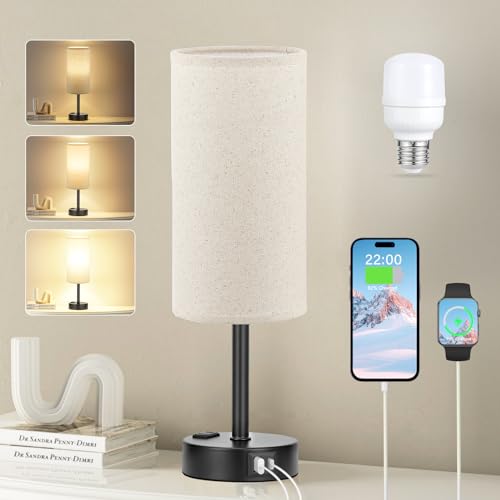 Beige Touch Table Lamp for Bedroom - 3 Way Dimmable Bedside Lamp USB C Charging Ports and AC Outlet, Small Lamp with Fabric Shade Black Base for Living Room, Office Desk, LED Bulb Included