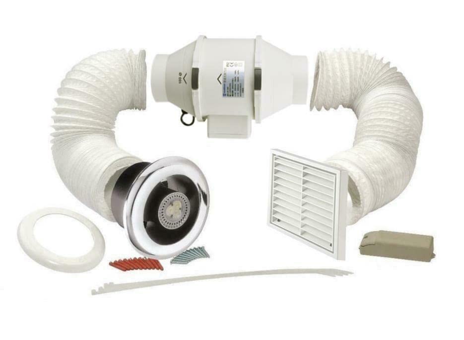 Powerful and Quiet Inline Loft Bathroom Extractor Fan Kit with 3W LED Light and Run On Timer 100mm / 4"