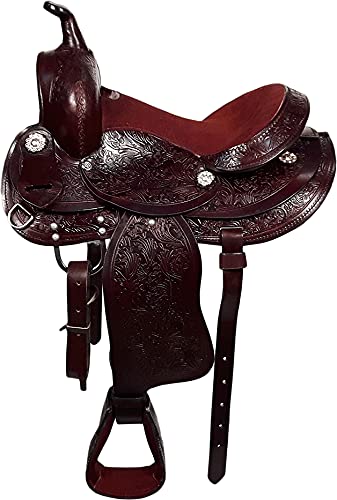 SILVERLINE 12 inch Pony/Horse Saddle, Leather Tooled and Studded Western Saddle for Kids/Cowboy/Cowgirl