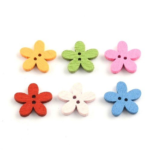 Mixed-Colour Wood 15mm 2-Hole Flower Buttons 5 Packs of 20