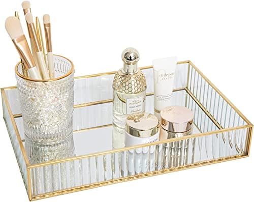 Tepengdie Striped Glass Storage Tray, Rectangle Dressing Table Makeup Tray with Gold Wire, Jewelry Perfume Organizer for Vanity, Dresser, Bathroom, Bedroom (Small)