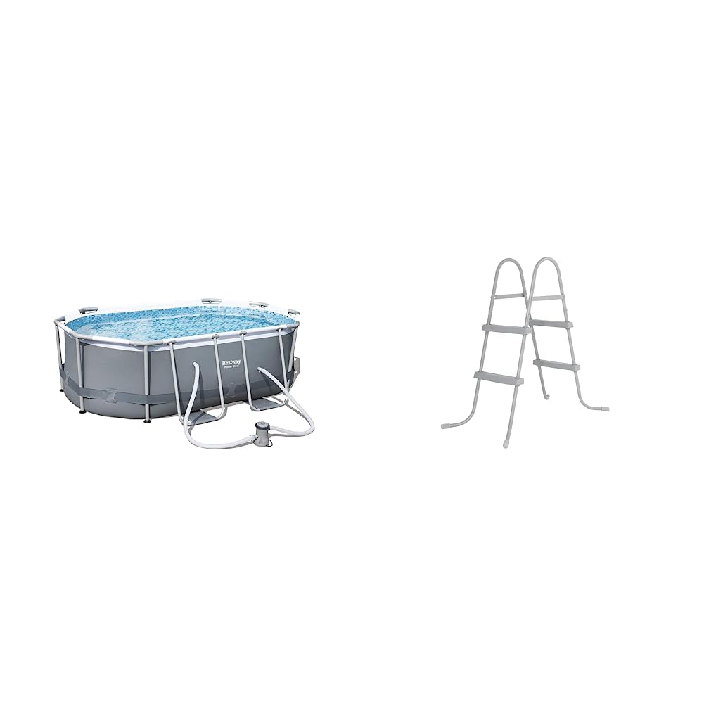 Bestway Power Steel Above Ground Pool, Swimming Pool Set With Filter Pump and ChemConnect Dispenser, Grey, 10 ft & Swimming Pool Ladder, 33" Swimming Pool Ladder with Steps, Easy to Assemble Pool