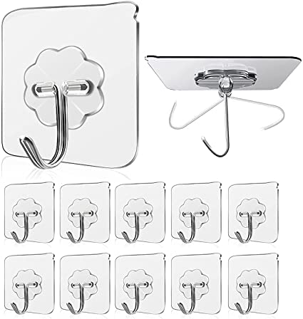 DEALBOOTH Plastic Self Adhesive Heavy Duty Magic Stickers Wall Hangers with Stainless Hooks for Hanging Stronger Waterproof 10KG Max (Transparent) (10)