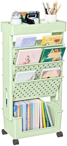 YEMUNY 5 Tier Rolling Utility Cart Multi-Functional Movable Storage Book Shelves with Lockable Casters for Study Office Kitchen Classroom, Light Green