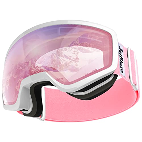 JetBlaze Ski Snowboard Snow Goggles, Dual Layers Lens Anti-Fog UV Protection Spherical Goggles for Men Women Youth Adult (Pink)