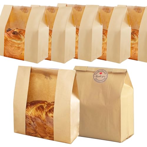 Pack of 35 Paper Bread Bags for Homemade Bread, Paper Bakery Bag for Baked Food Packaging Storage, Large Kraft Paper Bread Loaf Bag with Window Label Seal Sticker included Pack of 35,12.5x8.3x4 Inches