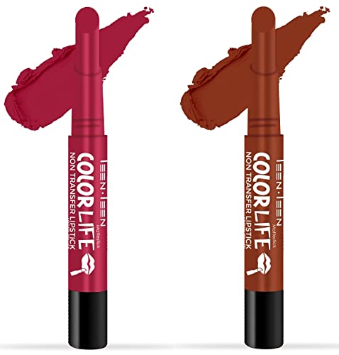 Teen Teen Non Transfer Water Proof Long Lasting Matte Lipstick Combo (Red Wine, Apricot)