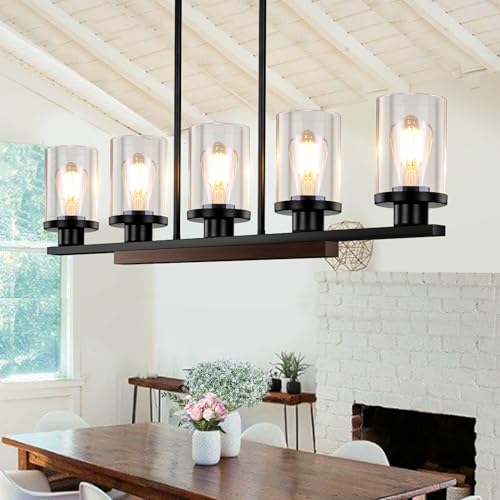 Brightever Dining Room Light Fixture, 5-Light Farmhouse Kitchen Island Lighting, Linear Chandelier with Clear Glass Shades and Adjustable Rods, Modern Wood Pendant Lighting Over Table, E26 Socket