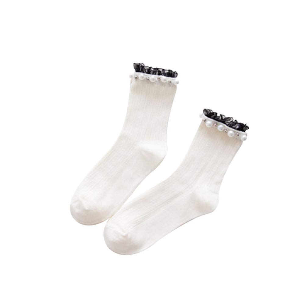 TENDYCOCOWomen Socks Cotton Cute Socks Ruffle Socks Lace Socks with Pearls Solid Color