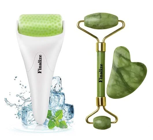 Finalize Ice Roller Face Massager Facial Skin Care Tool with Cool Gel Beads for Cold Massage Therapy,Reducing Wrinkles,Eye Puffiness & 100% Natural Jade Stone Roller Msagger With Gua Sha Tools Face