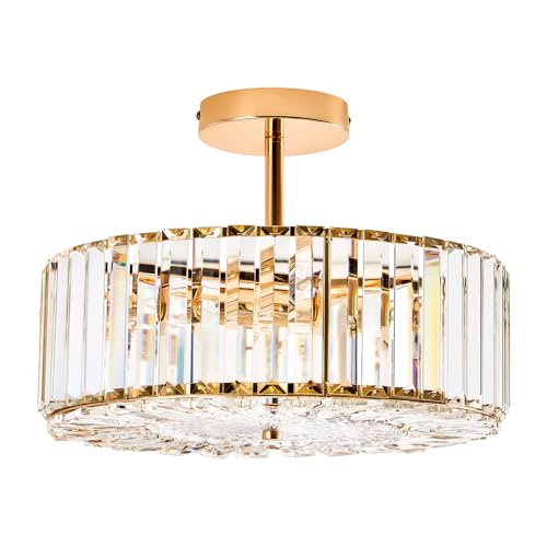 VONLUCE Crystal Light Fixture, Modern Semi Flush Mount Ceiling Light, 15" Round 4-Light Crystal Chandelier Hallway Lighting for Kitchen Bedroom Living Room Dining Room Entryway Closet, Gold