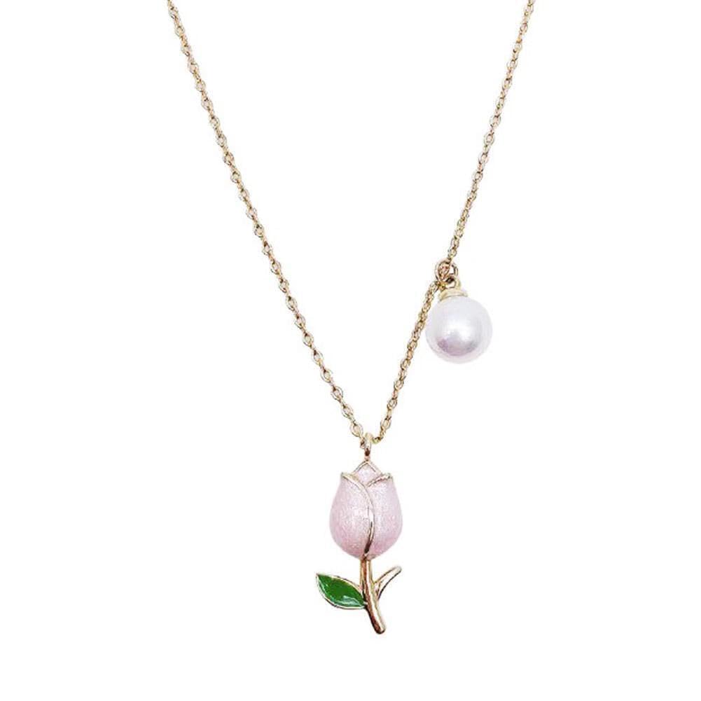 El Regalo 1PC Tulip Flower Bud Pearl Pendant Necklace for Girls & Women- Pink Oil Dripping Enamel Tulip Flower Necklace