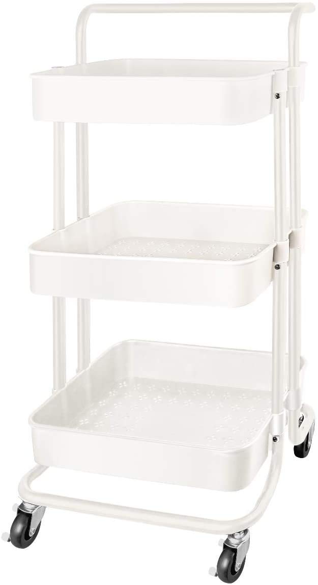 YumLock 3 Tier Rolling Storage Cart with Wheels Handle, Heavy Duty Mobile Utility Multifunction Large Shelves Organizer Mesh Basket for Kitchen, Bathroom, Bedroom, Office, White