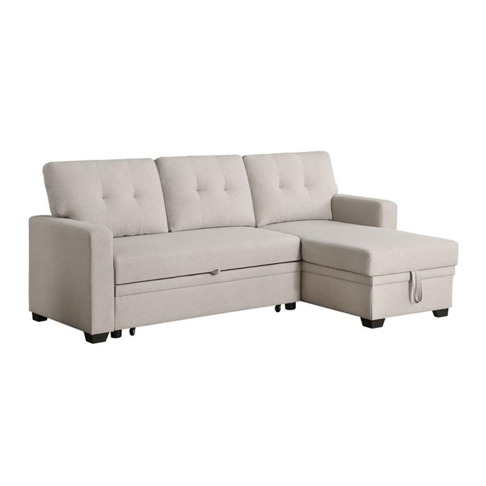 Devion Furniture L-Shaped Polyester Fabric Reversible, Easy Convertible Pull-Out Sleeper Sectional Sofa/Storage Chaise with Tufted Back Cushions and Track Arms in Beige