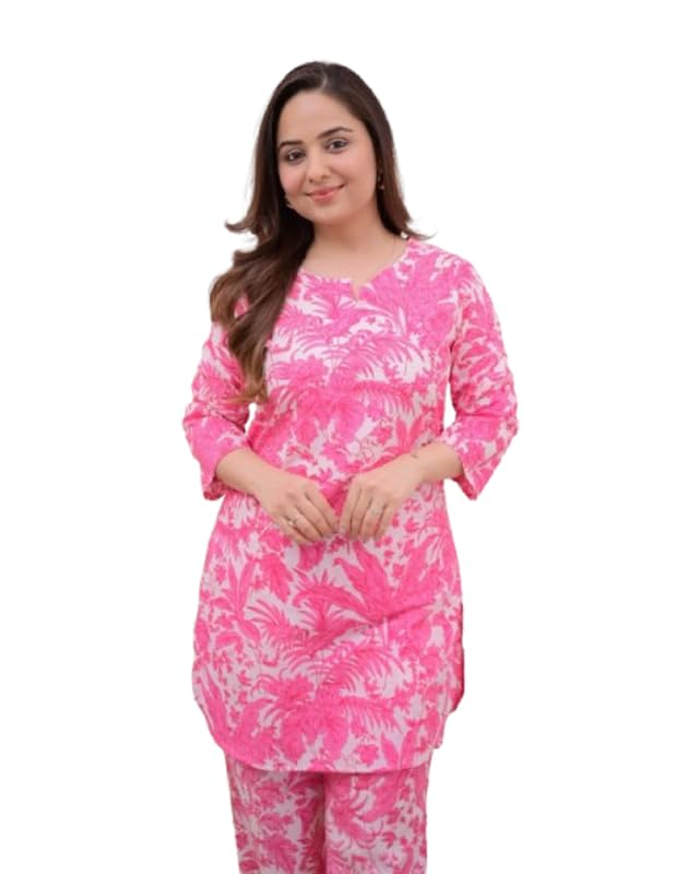 Sindoliya Fashion Women's Printed Collar Neck Pink Cotton Co-Ors Set with 3/4th Regular Sleeve for Girls