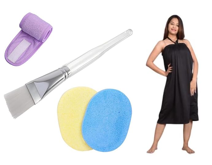 CRIYALE Facial Spa Gown for Women Headband, Makeup Remover Face Cleansing Sponge 2pcs and Face Pack Brush Combo Kit | Reusable Facial Sponges Wipes Puff Facemask Brush Beauty Salon Home -Multicolor