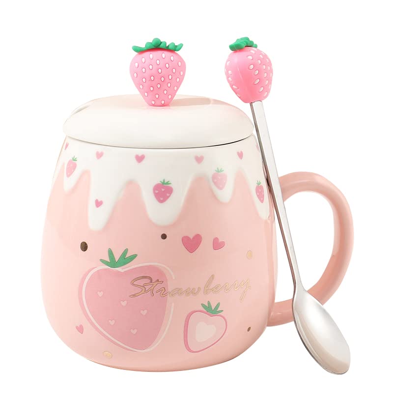 Cute Strawberry Mugs Pink Coffee Mug Ceramic kawaii Cup Morning Tea Milk Fruit Mug with Lovely Lid Stainless Steel Spoon Creative Novelty Birthday Christmas for Lovers Girl 500ML (B)