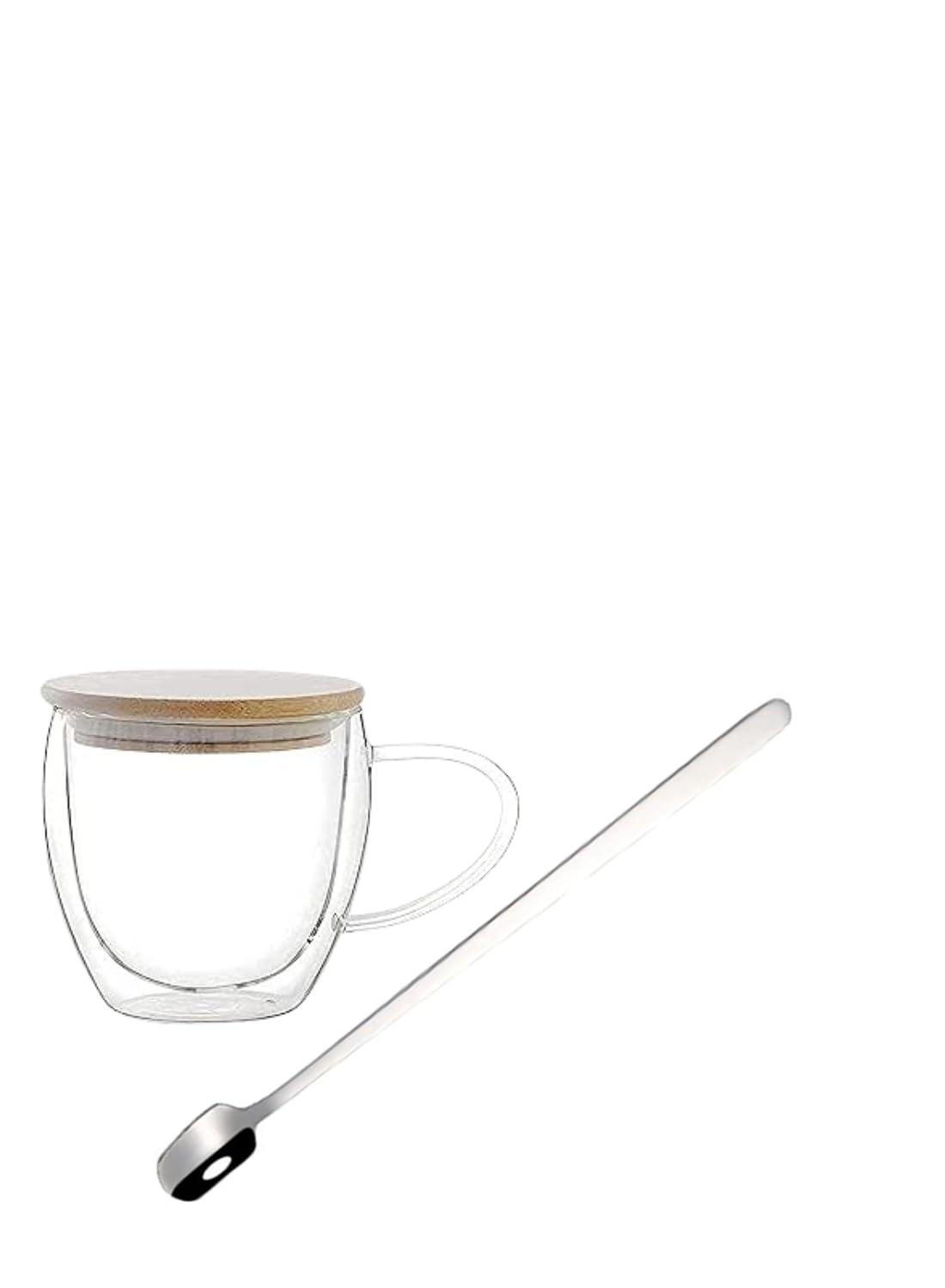 1CHASE Double Walled Glass Coffee Cups with Handle and with Bamboo/Spoon Lid 250ml, Insulated Coffee Mugs Perfect for Cappuccino, Macchiato, Latte, Tea, Juice, Iced & Hot (250 ML)