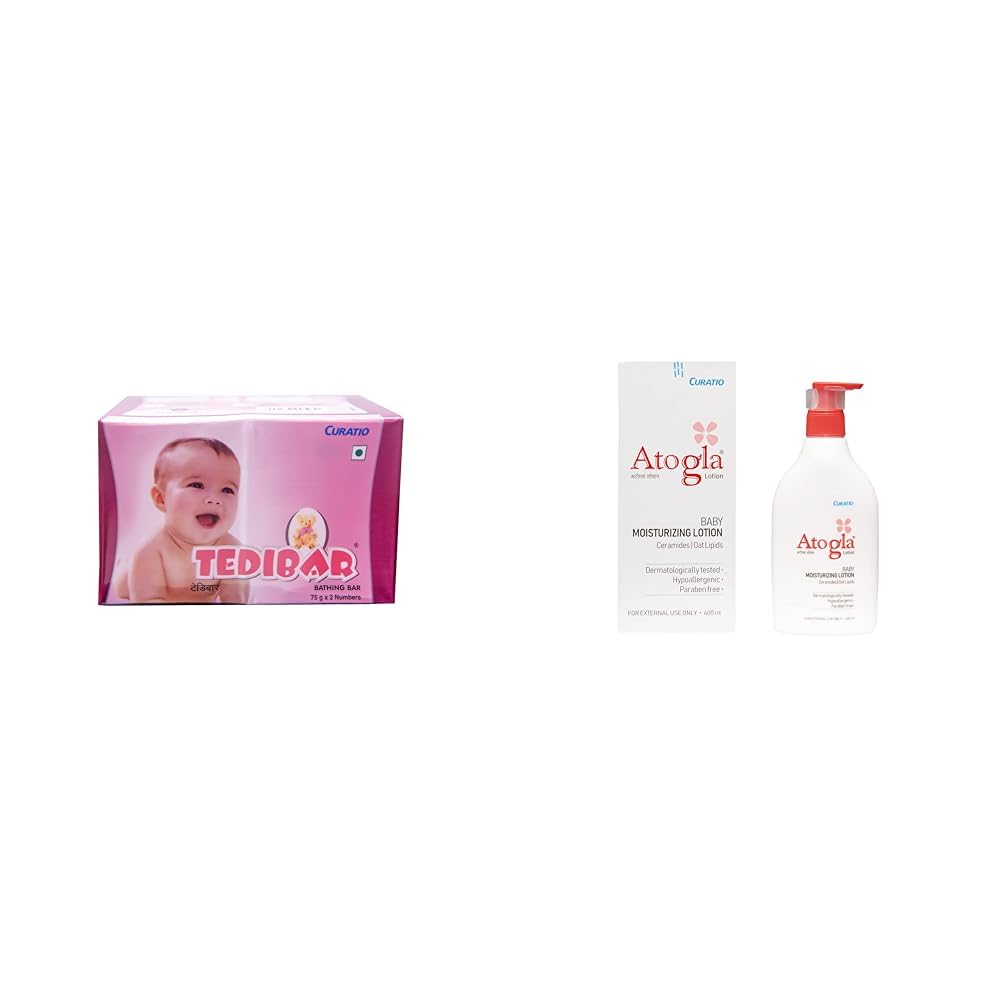 TEDIBARMoisturising Baby Bathing Bar 75gx2(Pack of 1) | Skin Friendly PH With Atogla Curatio Lotion for Baby, 400ml Intense Moisturizing Baby Lotion for All Skin Types - By Torrent Pharma