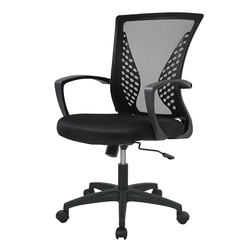 Home Office Chair Mid Back PC Swivel Lumbar Support Adjustable Desk Task Computer Ergonomic Comfortable Mesh Chair with Armrest (Black)