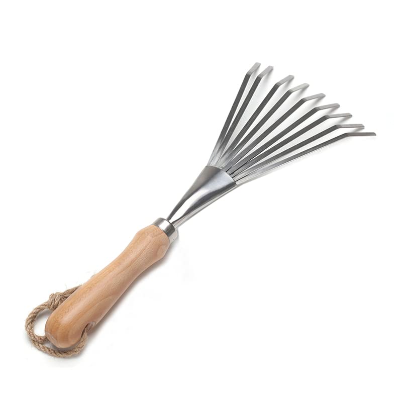 9 Tines Fan Lawn Leaf Hand Rakes Stainless Steel Beech Handle Soil Tille Garden Shrub Rake Small Leaf Rakes for Sweep Leaves & Loose Debris in Garden, Lawns, Yards, 14.5",