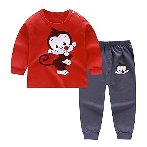 H HIBOBI Cotton Tops+Pants Set for Baby Boys girls Cat Print Outfits Handsome Kids Yellow Stripe(Big mouth monkey red, 18-24 Months）