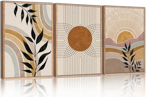 TOARTiBoho Framed Canvas Wall Art Prints, Set of 3 Mid Century Modern Wall Decor, Nature Plants Desert Sun Art Paintings, Bohemian Artwork for Living Room, Bedroom, Dining Room, Office - 12x16 x3