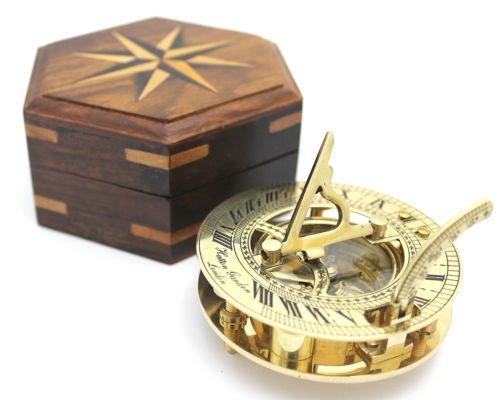 THOR INSTRUMENTS(with device) Nautical Solid Brass Round Sundial Compass With Design Rosewood Box, Brass