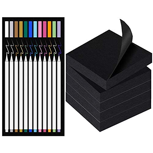 Black Sticky Notes (500 ct) + Gel Pens for Black Paper (12 Color incl. White) - 3" x 3" Black Notes, 5 Pads, 100 Sheets Each. Gels Pens Include White + Metallic Gold & Silver + 9 Colors