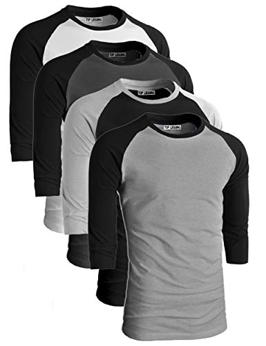 TOP LEGGING Men's 4 Pack Regular Fit 3/4 Sleeve Baseball T-Shirt -Cotton Raglan Jersey S-5XL WHBLK_LTGBLK_BLKLTG_CHABLK M