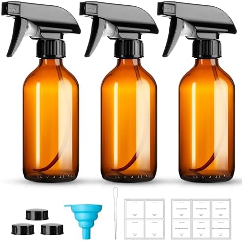 GIVAMEIHF 8oz Amber Glass Spray Bottles,3 Pack Glass Spray Bottles Refillable Empty Bottle with Adjustable Nozzle,Spray Bottle for Essential Oils,Cleaning Solutions,Pets,Hair Mister,Gardening