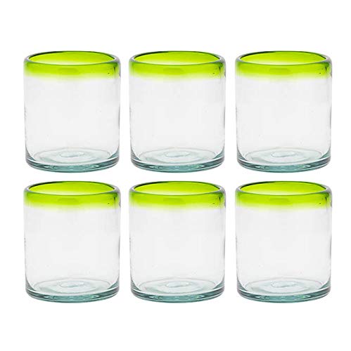 Amici Home Authentic Mexican Handmade Lime Green Rim DOF Glass, 12oz, Set of 6