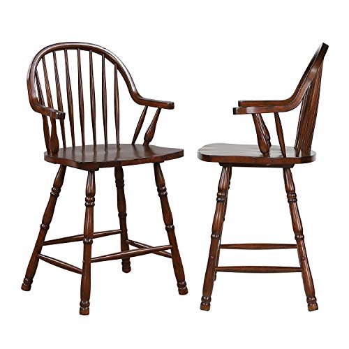 Sunset Trading Andrews 24" Windsor Barstool with Arms | Counter Height Stool | Distressed Chestnut Brown | Set of 2