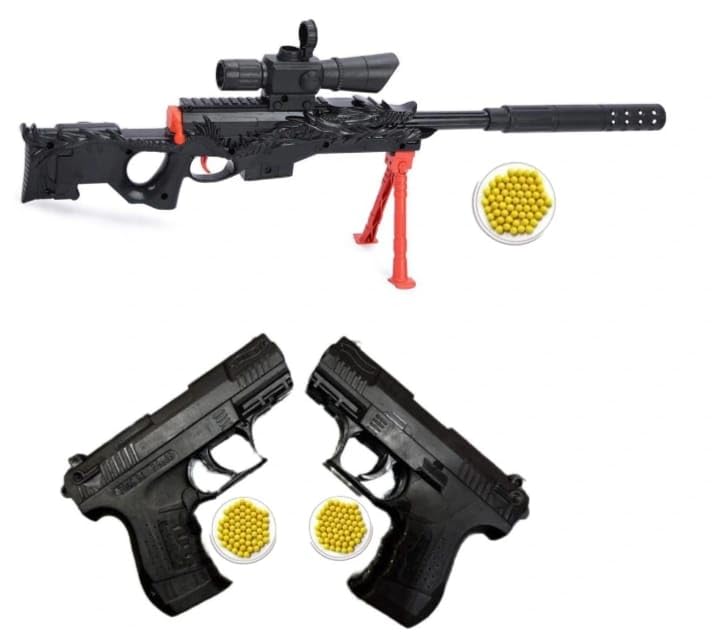 TILLU TIM TIM TOYS MB Dragon M249 Style Set of 3 Toy Guns for Kid Include BB Bullets 2 Mouser TOYP92 Stand Silencer Scope Plastic Toy Gun