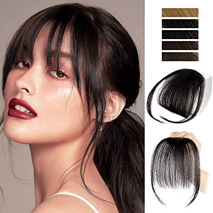 AL ZAHRA Clip in Bangs for Women 100% Human Hair Extensions Wispy Bangs Fringe with Temples Hairpieces Air Bangs Flat Bangs Clip Curved Bangs (Black Brown)