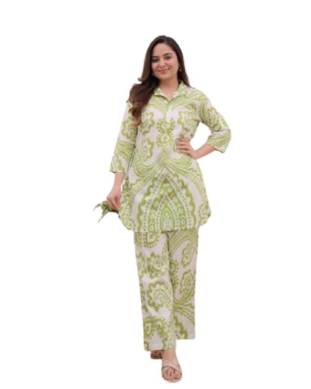 Sindoliya Fashion Women's Printed Collar Neck Green Cotton Co-Ors Set with 3/4th Regular Sleeve for Girls